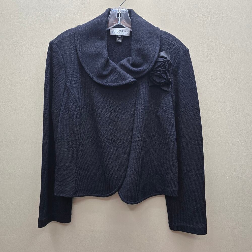 St. John Collection Shawl Collar Jacket 12 Wool Blend Rosette Old Money Black